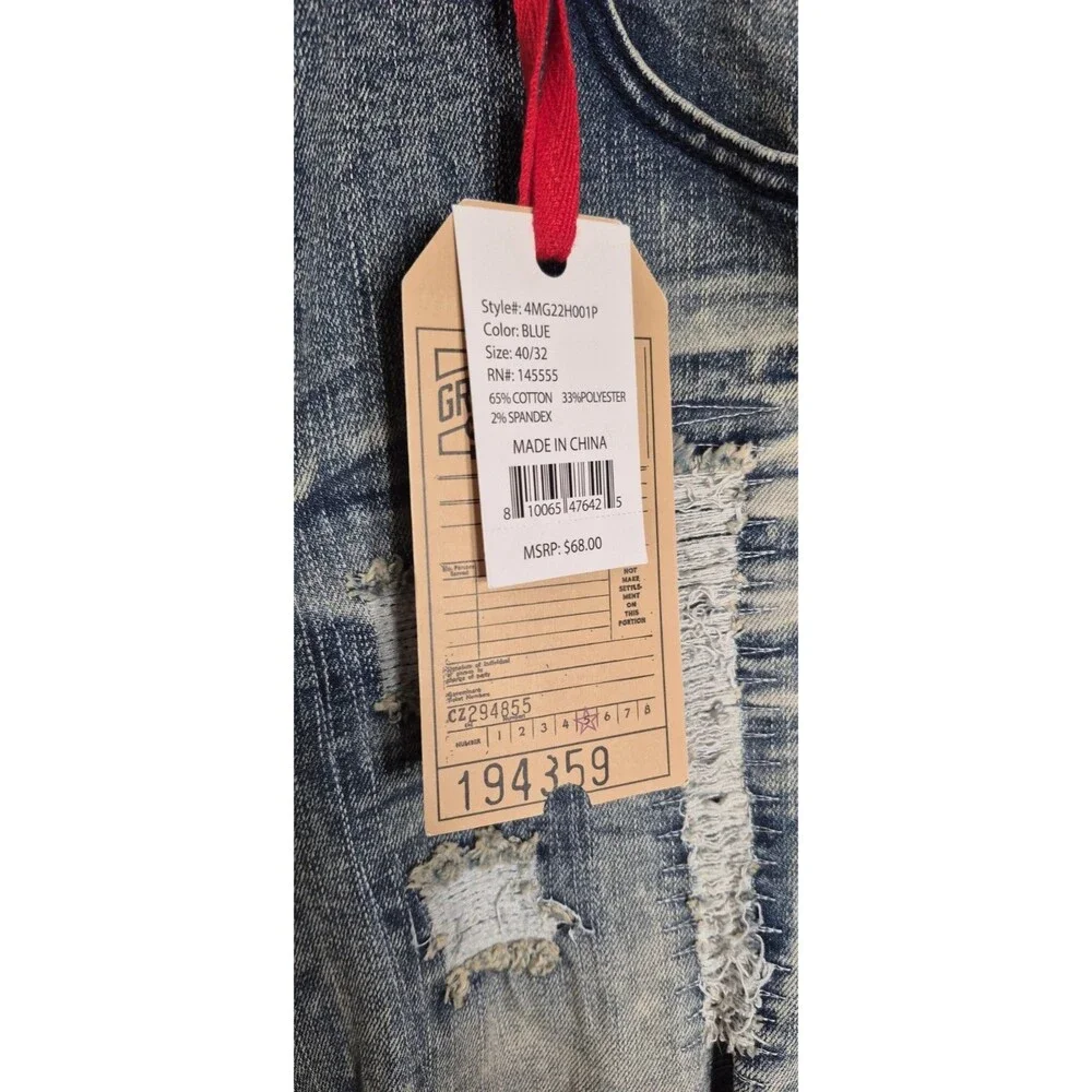Grindhouse Denim Mens 40x32 Distressed Blue Jeans Stretchy Ripped High Rise NWT - Picture 9 of 12